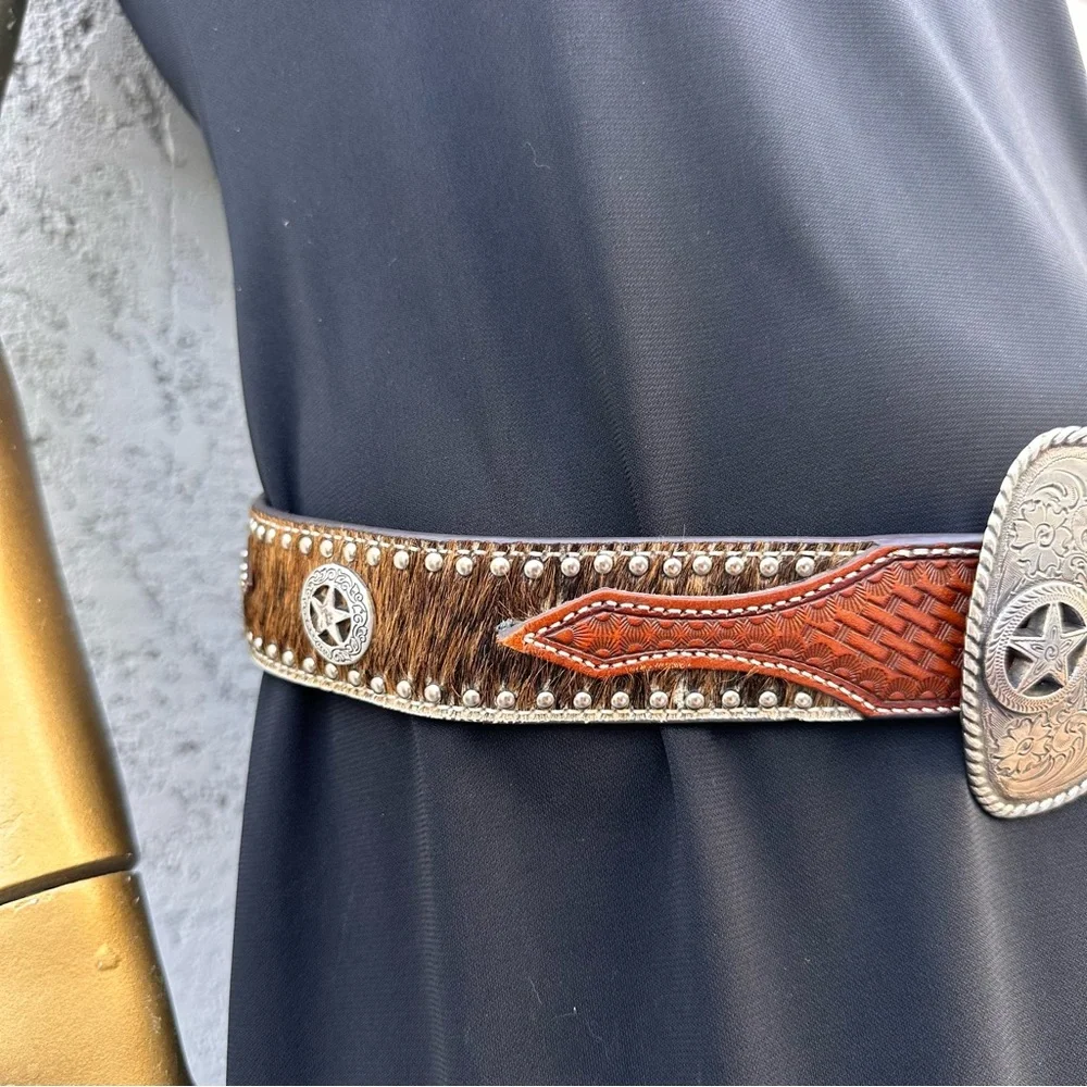 Nocona Western Genuine leather studded cow hair? size 34-silver tone buckle